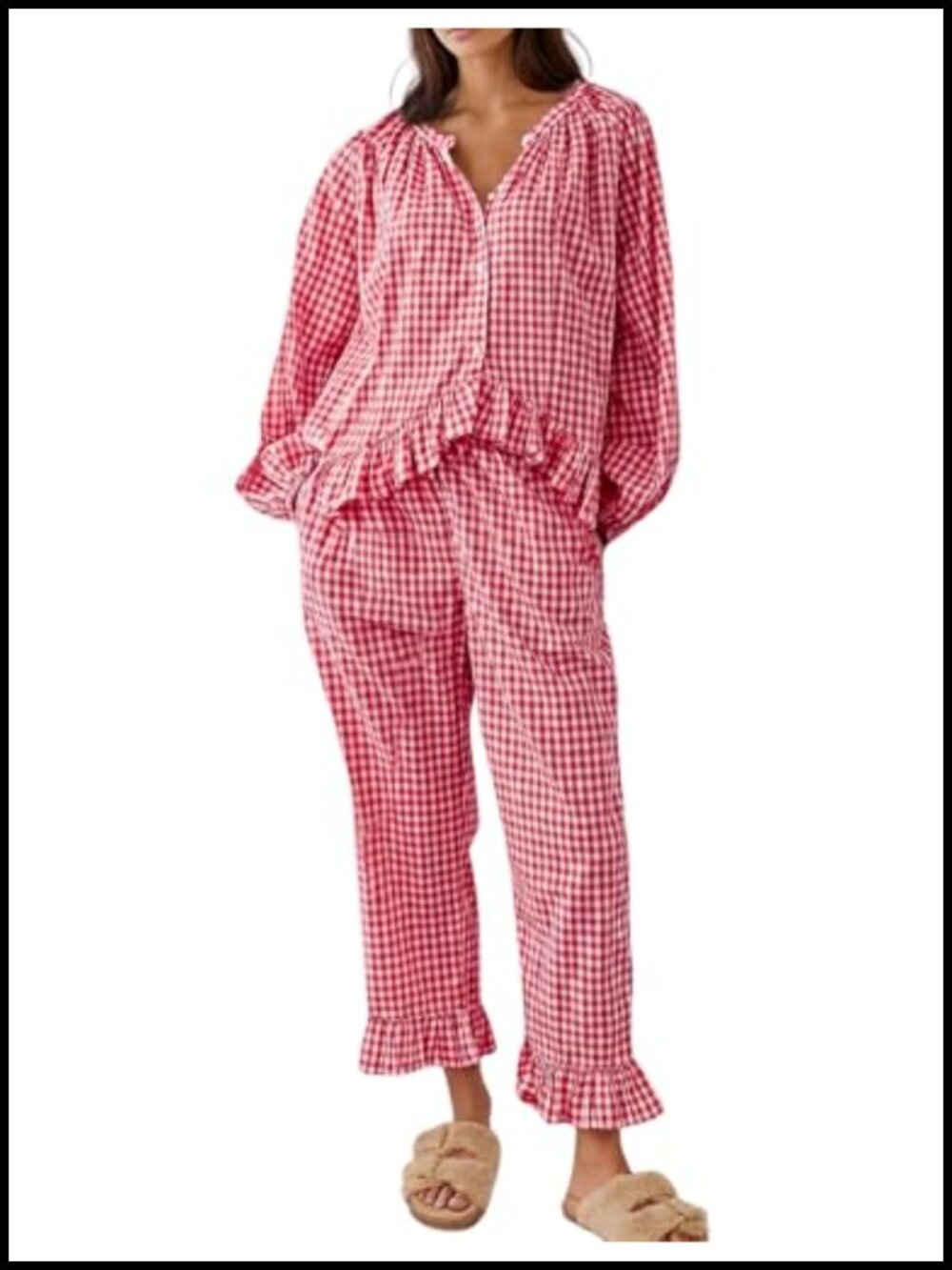 Gingham Pajama Set Cotton Plaid Babydoll Shirt Pants Ruffle Loungewear